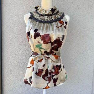 ETCETERA Seersucker Silk Top Ruffles Beaded Sleeveless Blouse